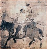 Cai Wenji was born shortly before 178 CE in what is now Qi County, Kaifeng, Henan. In 195, the chaos after Chancellor Dong Zhuo's death brought Xiongnu nomads into the Chinese capital and Cai Wenji was taken as prisoner to the northern lands. During her captivity, she became the wife of the Xiongnu chieftain Liu Bao and bore him two sons. It was not until twelve years later that Cao Cao, the new Chancellor of Han, ransomed her in the name of her father. When Cai Wenji returned to her homeland, she left her children behind at the frontier. The reason Cao Cao needed her back, was that she was the only one remaining of her clan and he needed her to placate the spirits of her ancestors. Cai Wenji's father Cai Yong was an established writer, but his works were lost in the ravages of war. At Cao Cao's request, Cai Wenji was able to recite from memory up to four hundred out of four thousand of her father's lost works. Later in her life, she wrote two poems describing her turbulent years. Her year of death is unknown. Contemporary (20th century) painting.