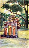 Watercolours of art features in the Forbidden City at Huế, the imperial capital of Vietnam under the Nguyen Dynasty (1802-1945). The drawing was made for the Association des Amis du Vieux Hue (Association of the Friends of Old Hue) in the 1920s, before the disasters of 1947 and 1968. Today, less than a third of the structures inside the citadel remain.<br/><br/>

In 1947 the French army shelled the building, and removed or destroyed nearly all the treasures it contained. Most of the buildings in the Forbidden City were destroyed by fire. Further massive destruction occurred when Hue’s Citadel became the symbolic centre of the 1968 Tet Offensive. Major artillery battles were fought when the National Liberation Front and North Vietnamese forces overran Hue. The US forces finally recaptured the citadel 25 days later, but not before shelling the citadel with heavy naval bombardments as well as extensive bombing from the air.<br/><br/>

The former Imperial City was made a UNESCO World Heritage Site in 1993 and is gradually being restored.
