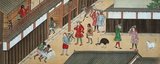 Painted on a 6-meter silk and paper ‘makimono’—a Japanese scroll painting—this scene depicting Dutch traders in Dejima, near Nagasaki, indicates the manner in which the strange Europeans were viewed by Japanese during the Edo period. The Dutchmen all have reddish-brown hair, wear extravagant costumes and doff their hats to each other.<br/><br/>

Dejima, or Deshima (literally ‘Exit Island’), is a small artificial island built in the bay of Nagasaki in 1634 during the Edo period. Dejima was built to constrain foreign traders as part of ‘sakoku’, a self-imposed isolationist policy. Originally built to house Portuguese traders, it changed to a Chinese and Dutch trading post from 1641 until 1853 during which time the Dutch mostly bartered for Japanese gold, silver and copper with East Indies’ spices, Indian cloth and Chinese silk and porcelain. Dejima Dutch Trading Post has since been designated a Japanese national historic site.
