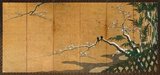 One half of a pair—the other screen being called ‘Spring’—this winter scene features frost-covered plum blossoms and evergreen bamboo<br/><br/>

The unknown artist—who is clearly from the school of Unkoku Togan (1547-1618)—has used watercolor and gilded paper pulled across a wooden frame to create the screen.<br/><br/>

Adopted from the Chinese in the 7th and 8th centuries CE, screens such as this are used in Japan to separate space within a house and are an integral part of Japanese décor.
