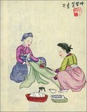 A typical domestic scene from the late Joseon Dynasty period showing two women dressed in traditional Hanbok clothing, ironing a robe using a long-handled ironing device filled with hot coals. There is a three legged stand for the iron, a basket full clothes waiting to be ironed, and a pile of neatly-ironed clothing beside the women.