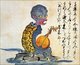 Japan: A 'Korean monk' reborn as a 'kappa' water sprite, playing a 'gekkin' moon guitar. From the Kaikidan Ekotoba Monster Scroll, mid-19th century.